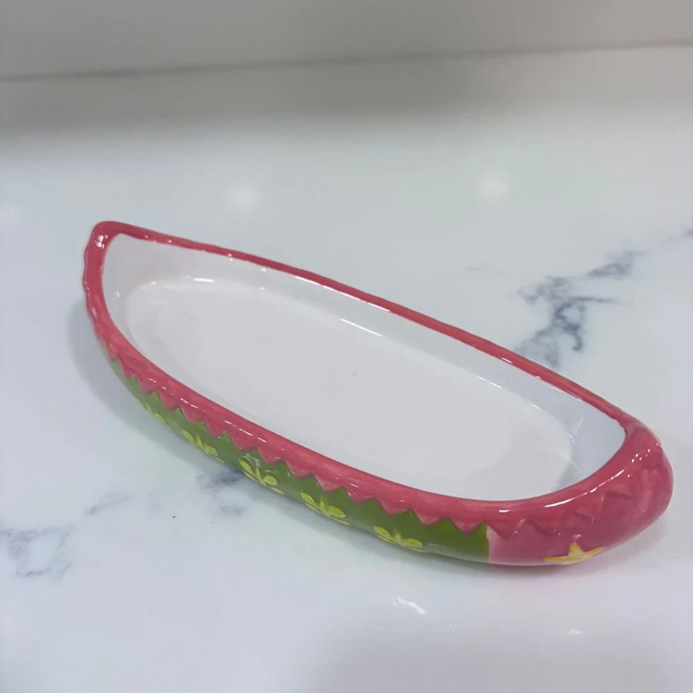 Ceramic Canoe Trinket Dish Pink Green Floral Star Hand Painted Jewelry Tray